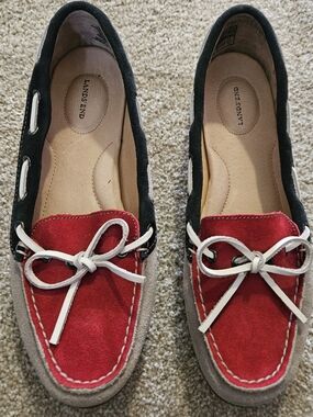 Lands' End Taupe Suede Biat Shoes with Black Trim and Red Toe